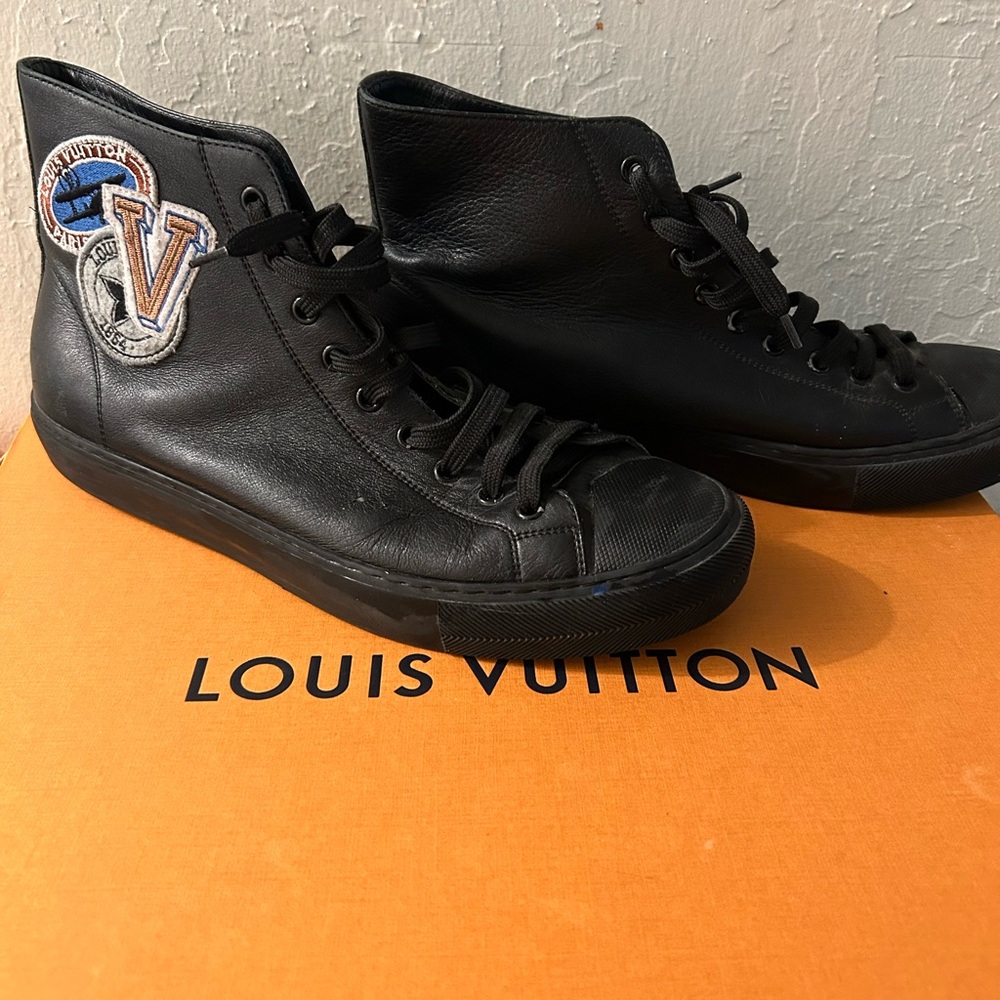 Louis Vuitton Black Leather Sneakers with Embroidered Logo